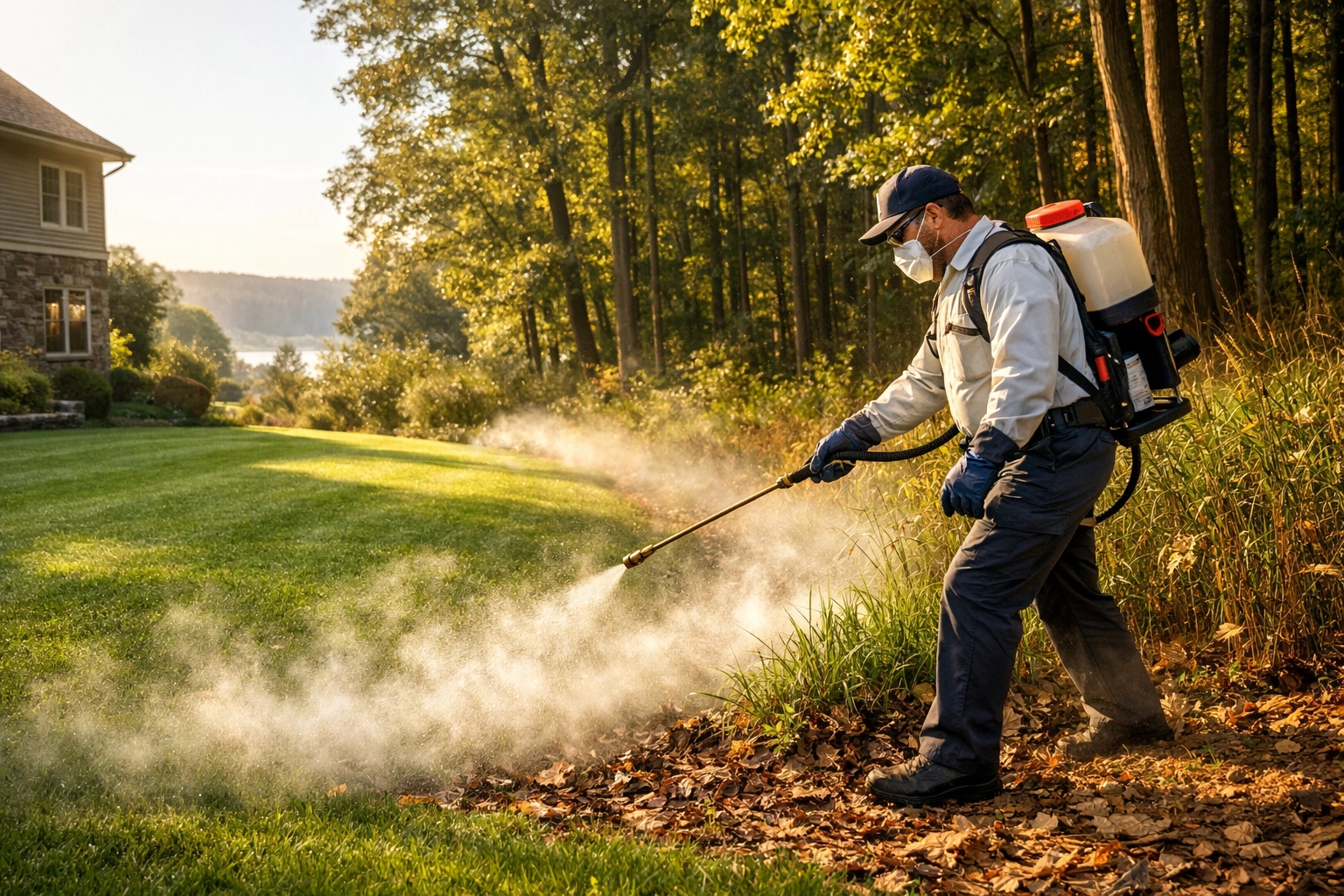 Professional pest control technician applying a tick barrier treatment to the edge of a Yonkers lawn.