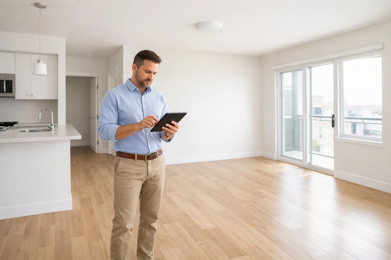 Property manager inspecting rent-ready apartment unit with digital tablet