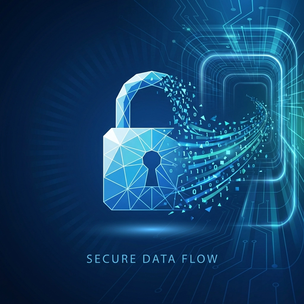 Vector image of a padlock transforming into secure encrypted data, highlighting secure password storage for websites
