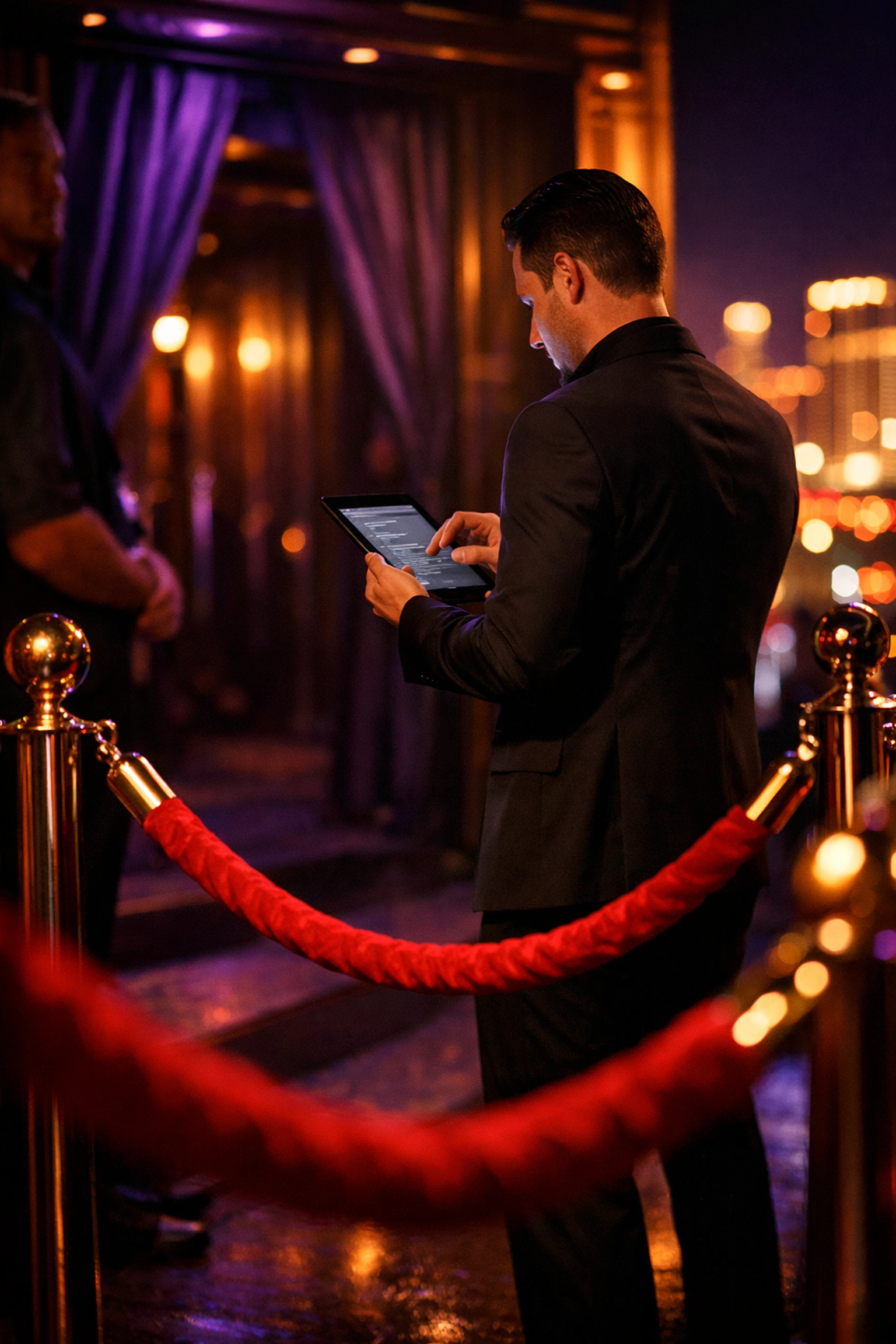 VIP host checking guest list at velvet rope entrance of Las Vegas nightclub