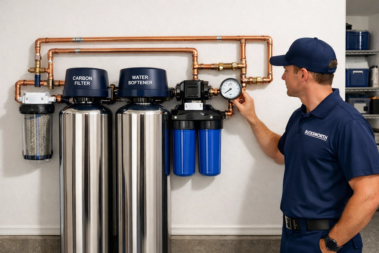 Expert plumbing reliability with a water filtration system installed by Bucksworth in Phoenix.