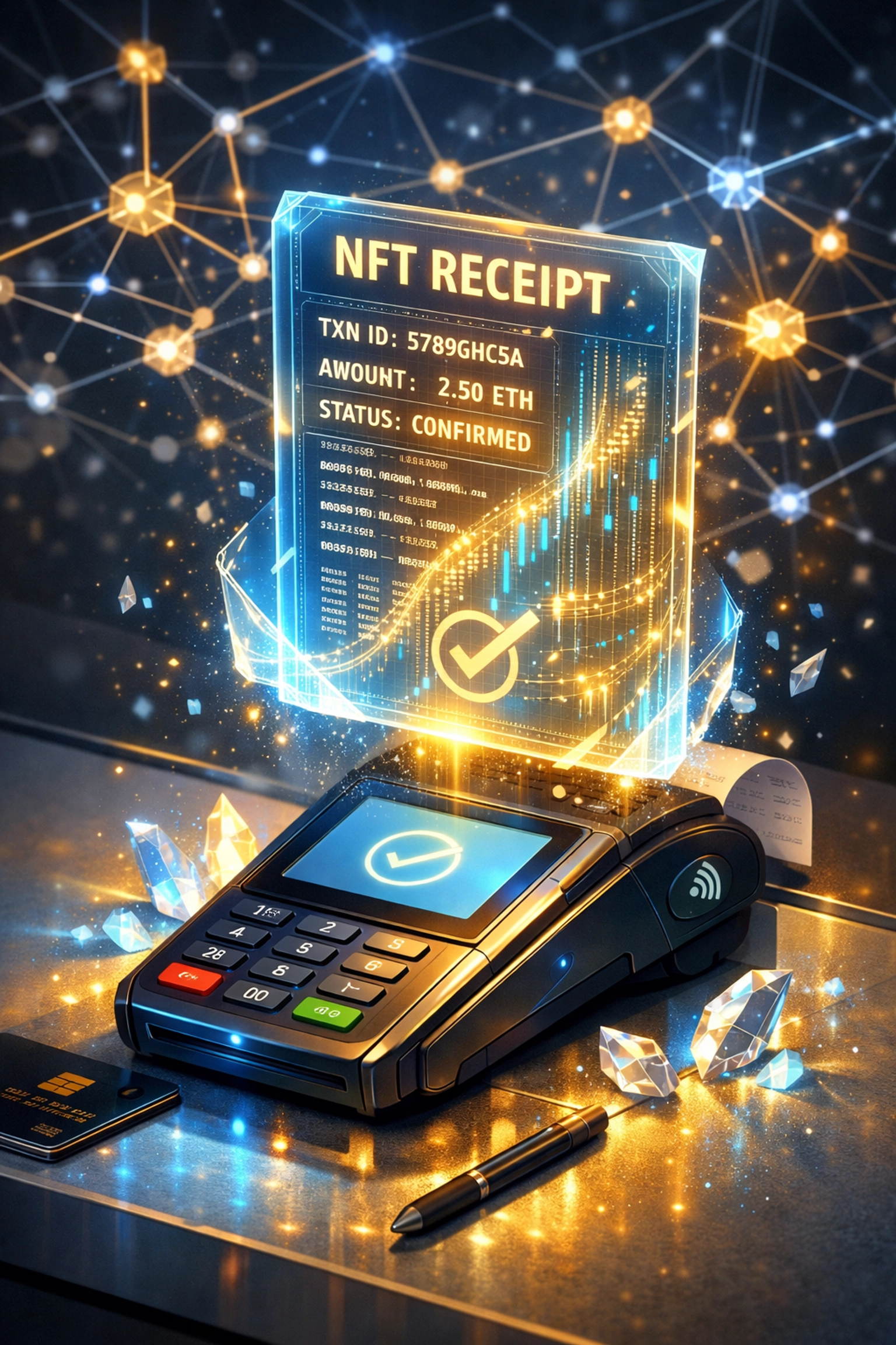 NFT receipt displayed at merchant point-of-sale terminal with blockchain verification