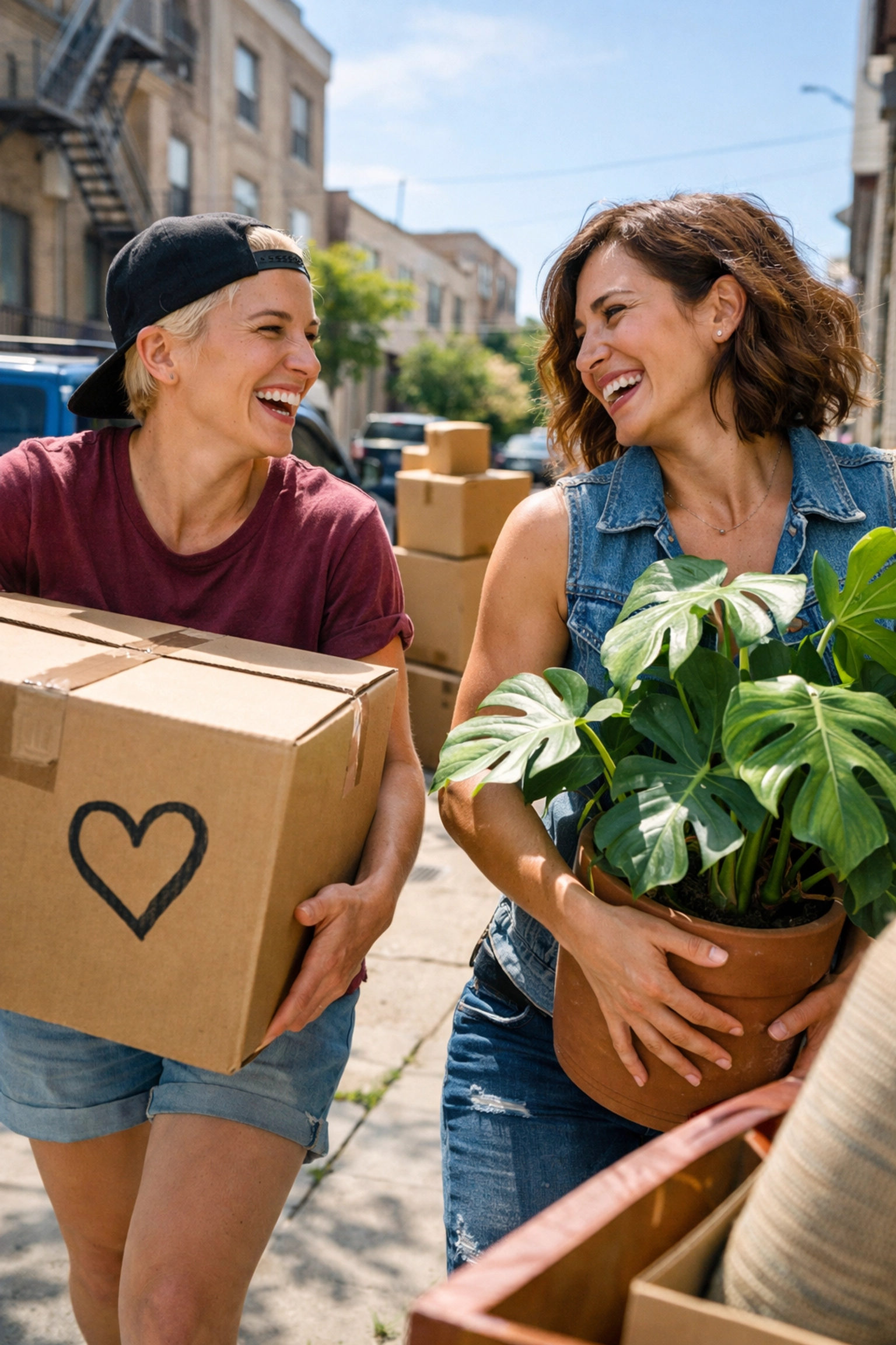 Two lesbian women smiling while moving boxes together, showing the practical support found in strong queer bonds.