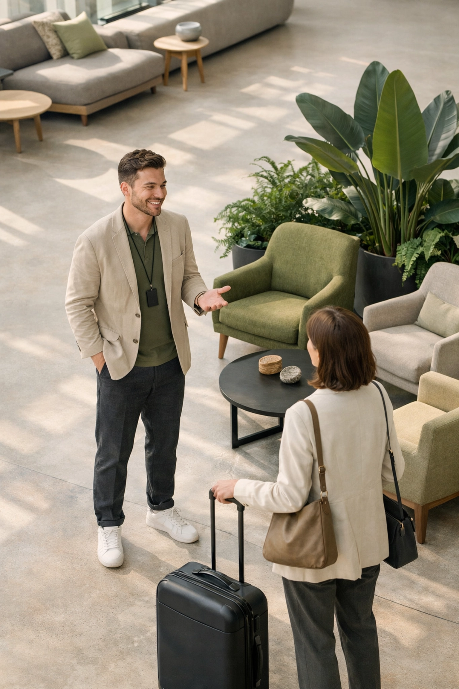 Hotel host engaging with a guest in a modern lobby, enabled by automated self-check-in kiosks.