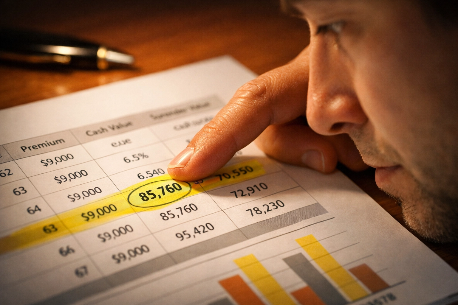 Reviewing IUL illustration numbers and cash value projections with highlighter