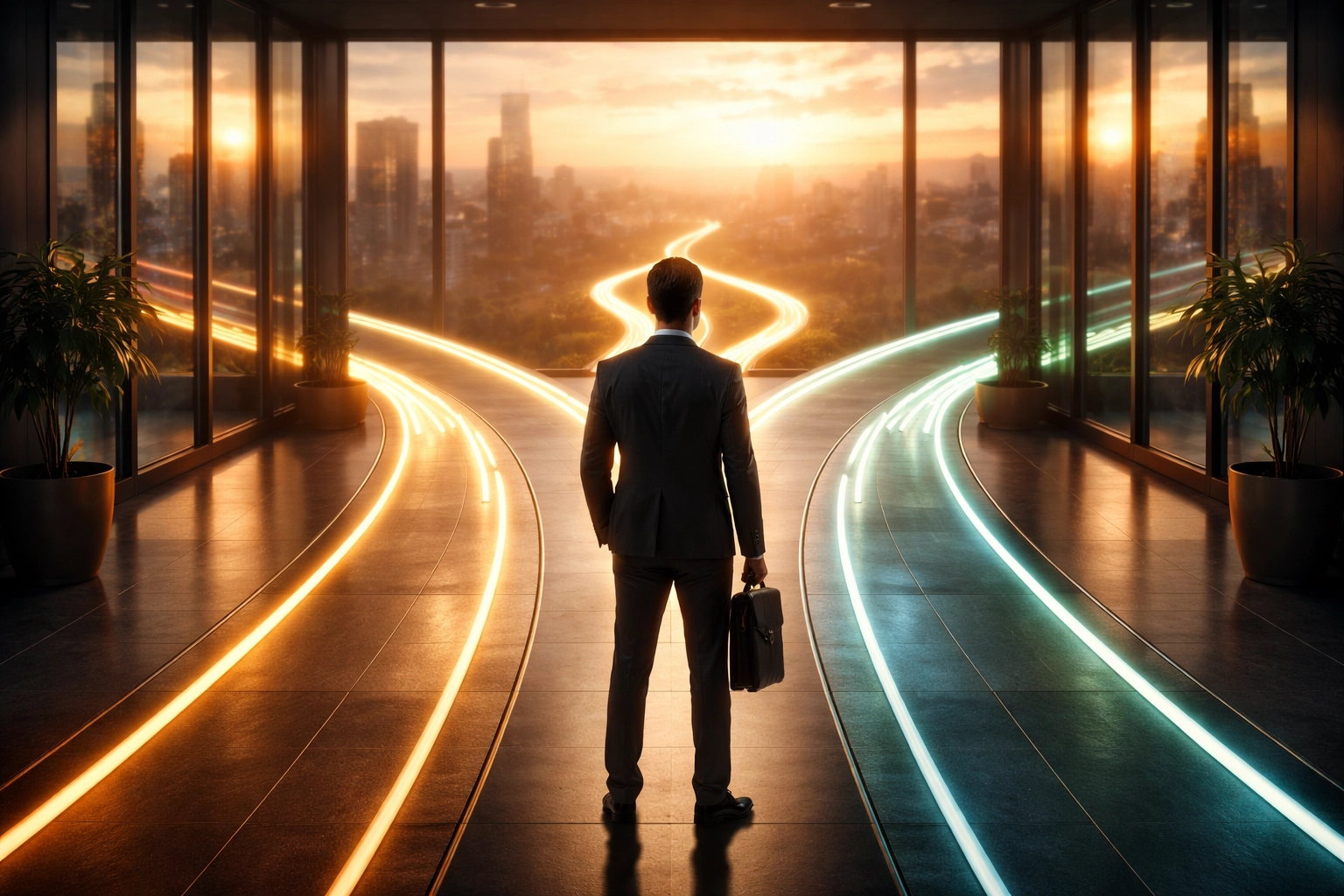 Investor facing crossroads with multiple investment paths, representing portfolio diversification choices and planning