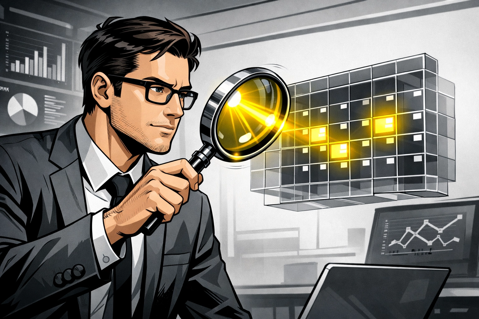 Data analyst using a magnifying glass on a calendar to analyze trends for successful Amazon ads management.