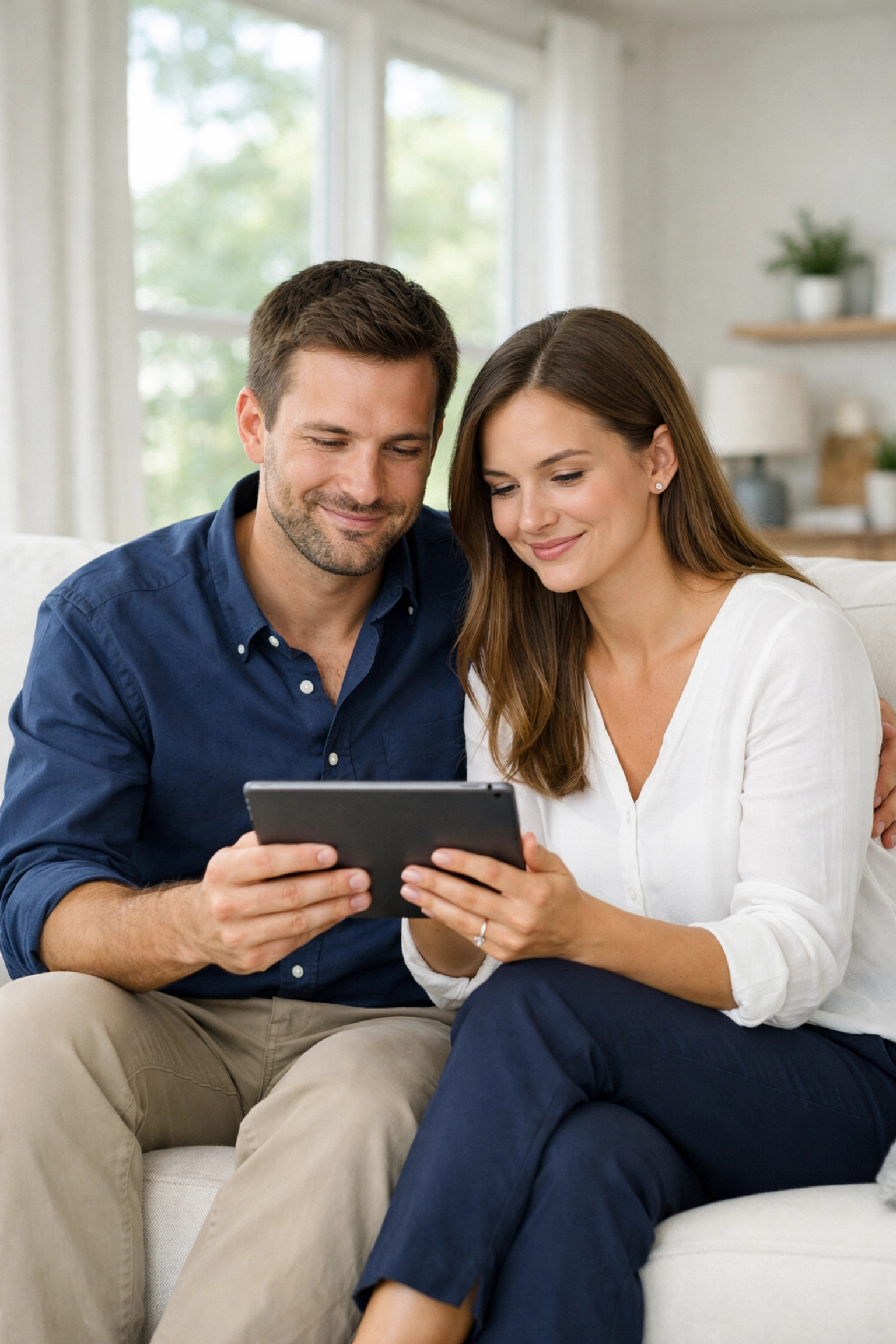 A Texas couple feeling relieved while viewing their improved credit score and financial plan on a tablet.