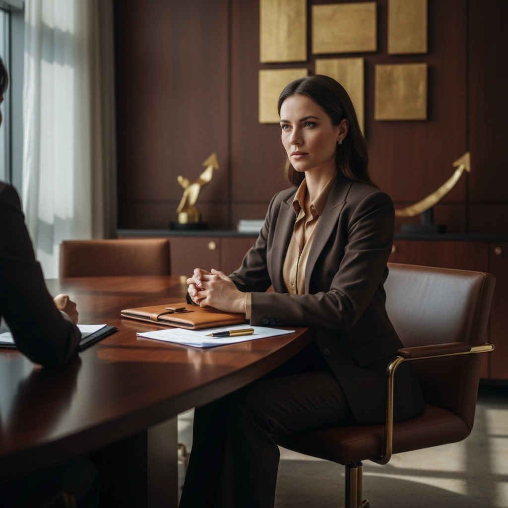 A well-dressed woman sits at a desk across from someone that is mostly hidden. She is resting her hands on clutch and a some paperwork and pen that sit in front of her.