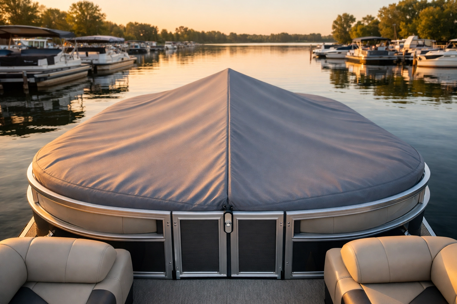 Symmetrically aligning a pontoon boat cover over the bow at a quiet marina during sunset.