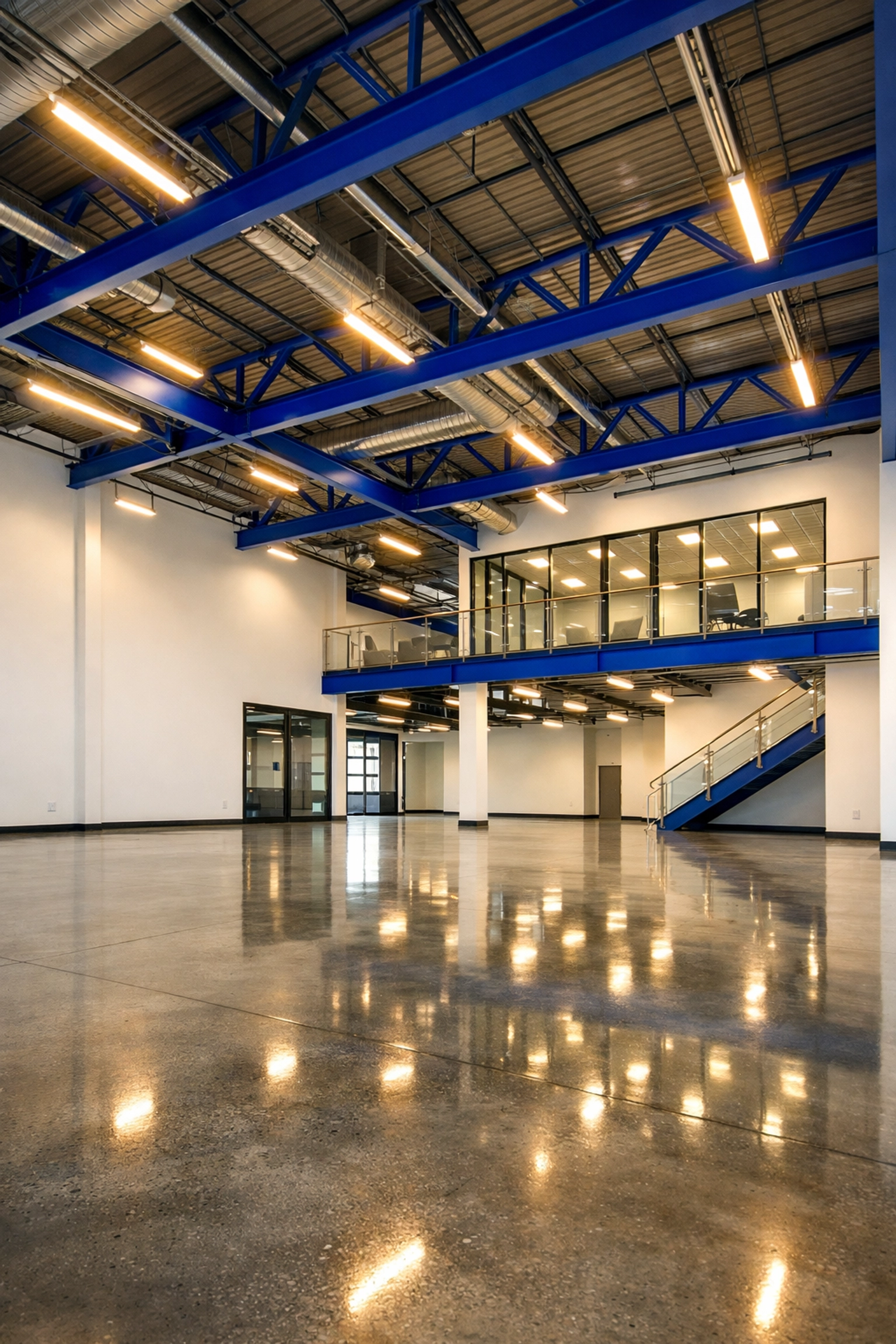 Pristine post-construction cleaning finish in a modern industrial flex-space ready for new tenants.