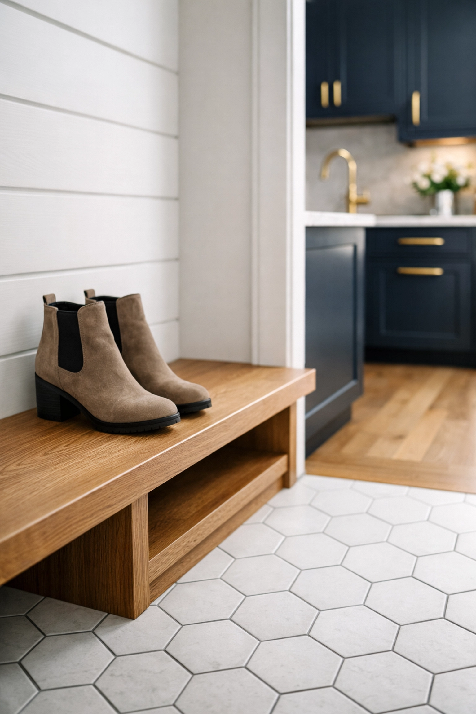 Clean modern mudroom and kitchen highlighting the detail-oriented work of a professional maid service Worcester.