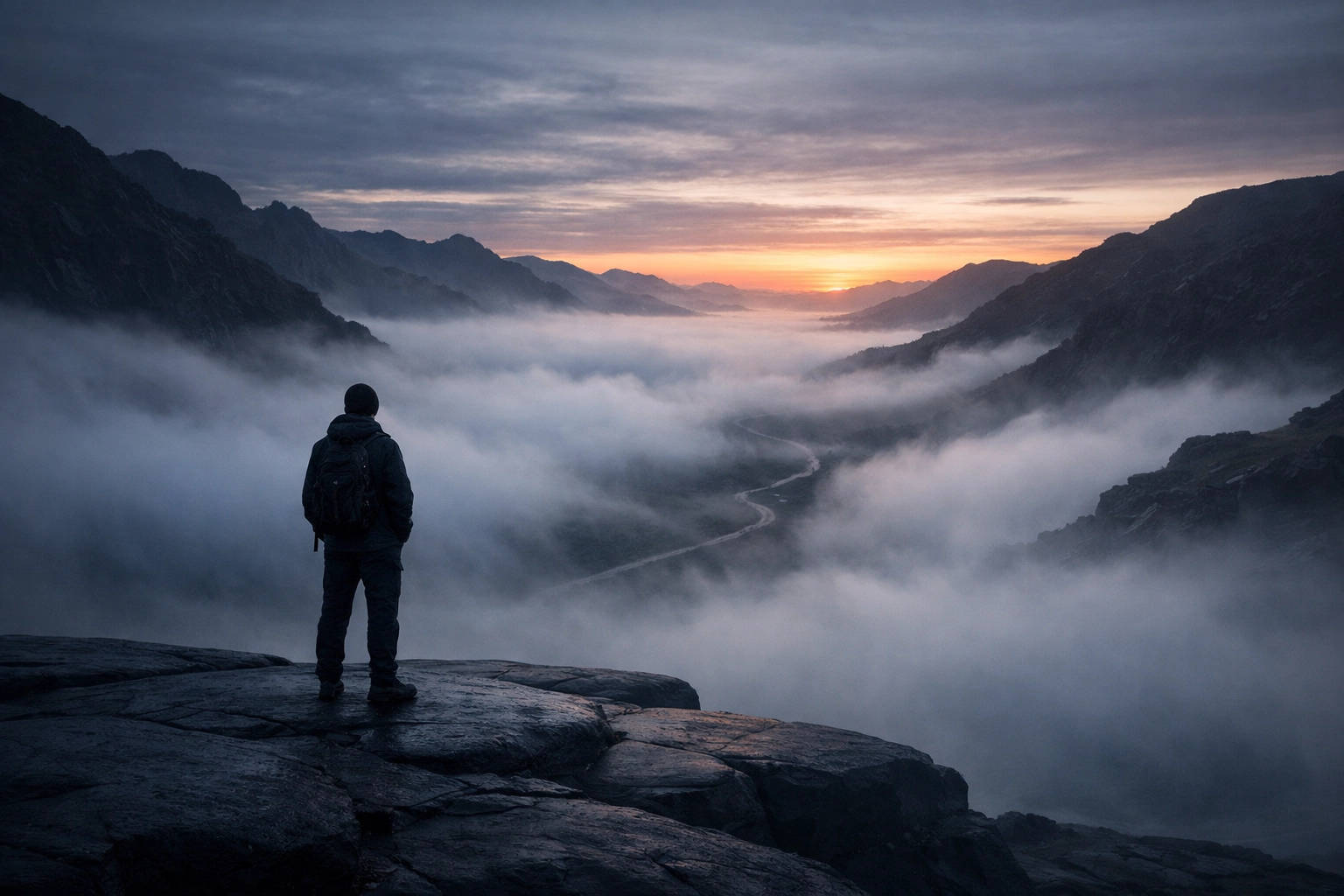 A person looking out over a misty valley, symbolizing resilience on a long-term mental health journey.