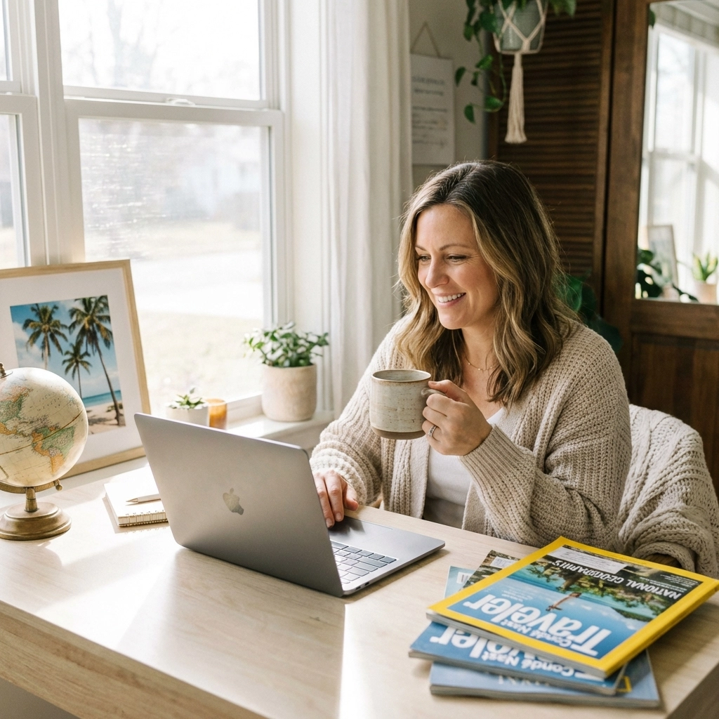 Woman in home office dreaming of a career as a travel advisor, surrounded by travel inspiration items