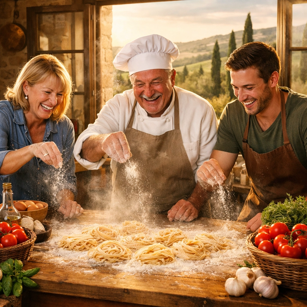 Travelers enjoying a private Italian cooking class in a Tuscany farmhouse during a European cruise shore excursion.