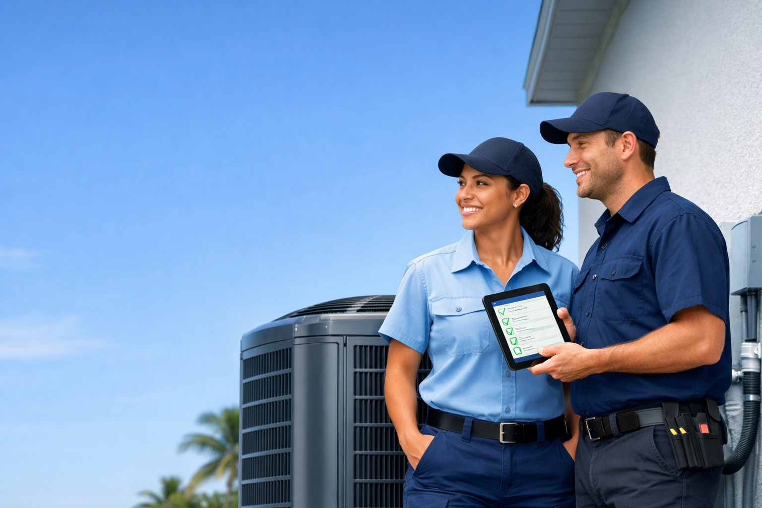 Licensed technicians inspecting a heat pump installation to ensure reliable HVAC performance in Florida.