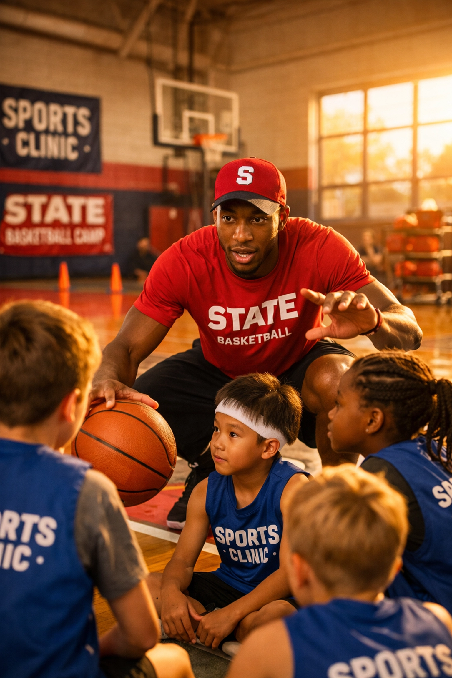 College athlete coaching youth basketball clinic with branded sponsorship banners