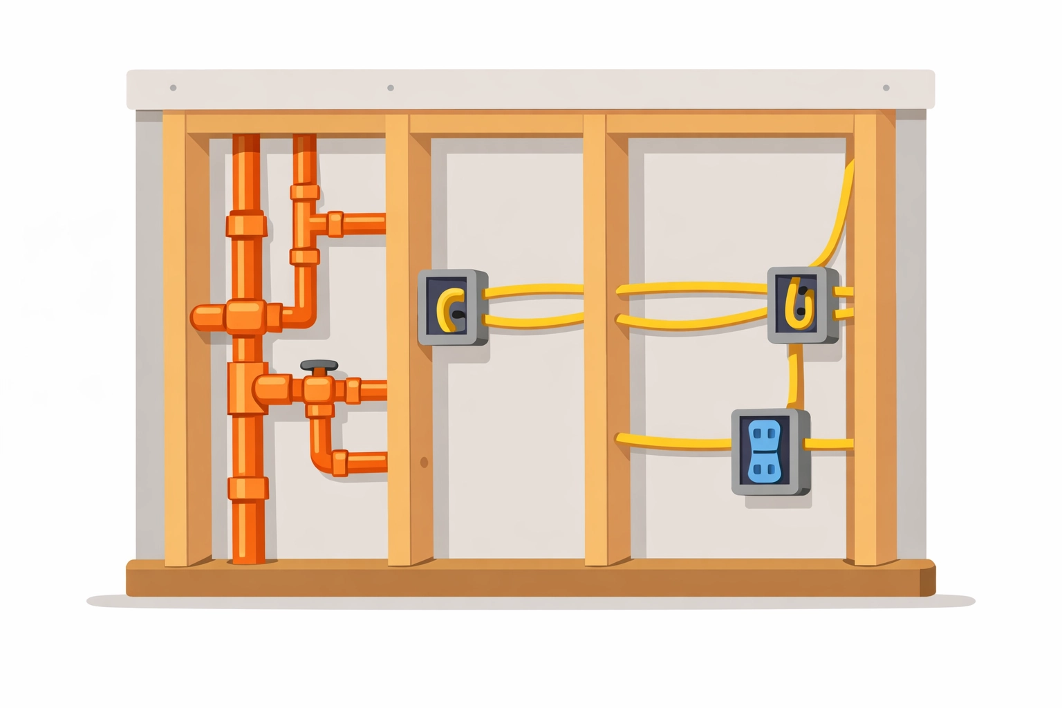 Contractor documenting electrical and plumbing installation behind wall studs during the rough-in phase.
