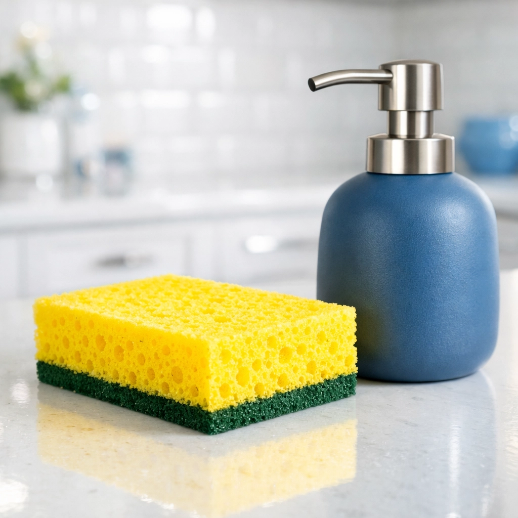 Fresh yellow sponge on a polished white countertop next to a soap dispenser for a clean kitchen.