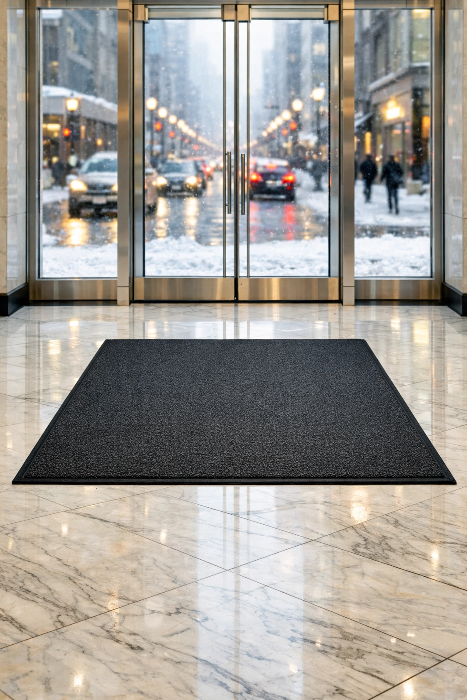 Clean luxury commercial lobby floor and walk-off mat protected from Midwest winter salt and snow.