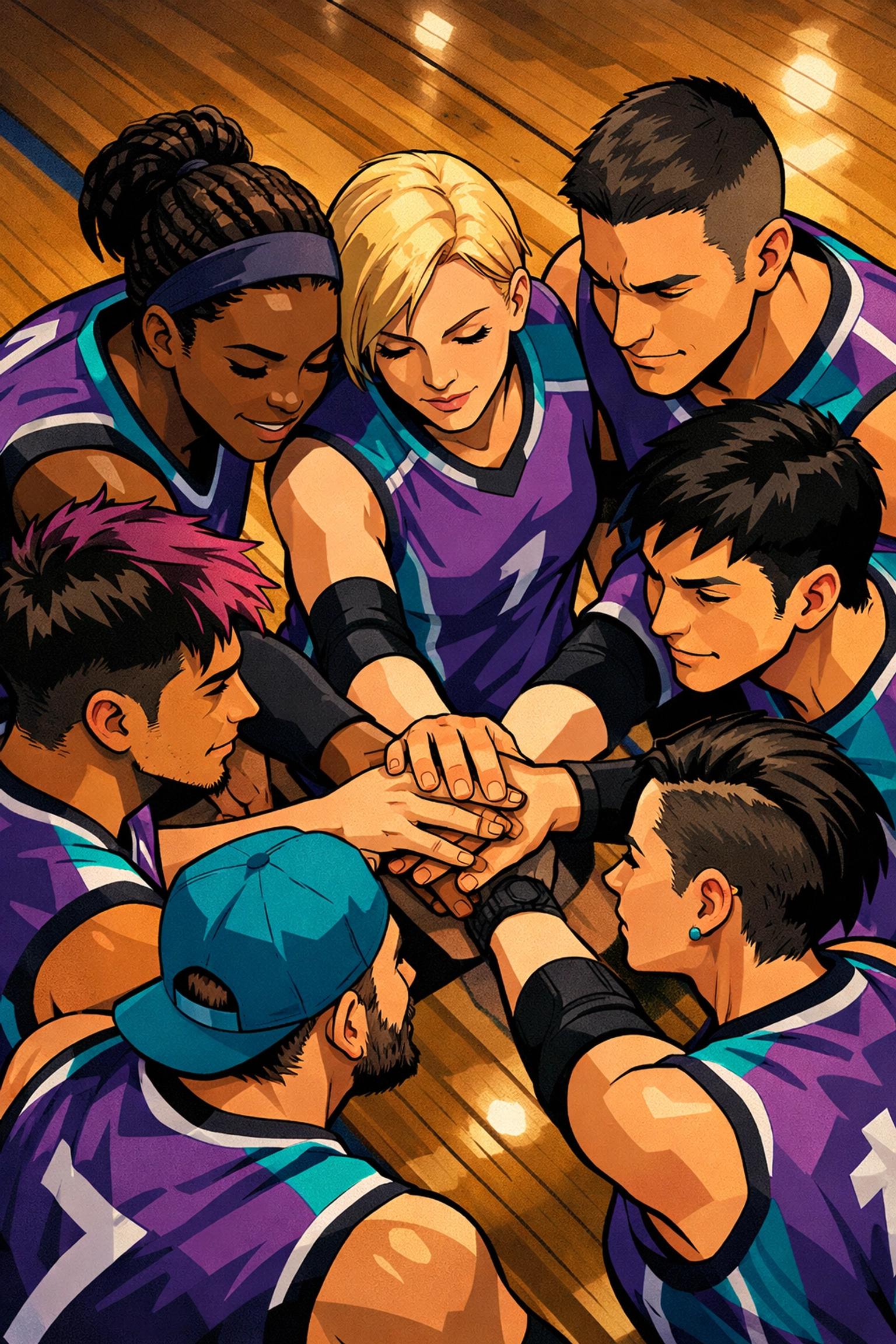 LGBTQ+ volleyball team huddle demonstrating unity and communication on indoor court