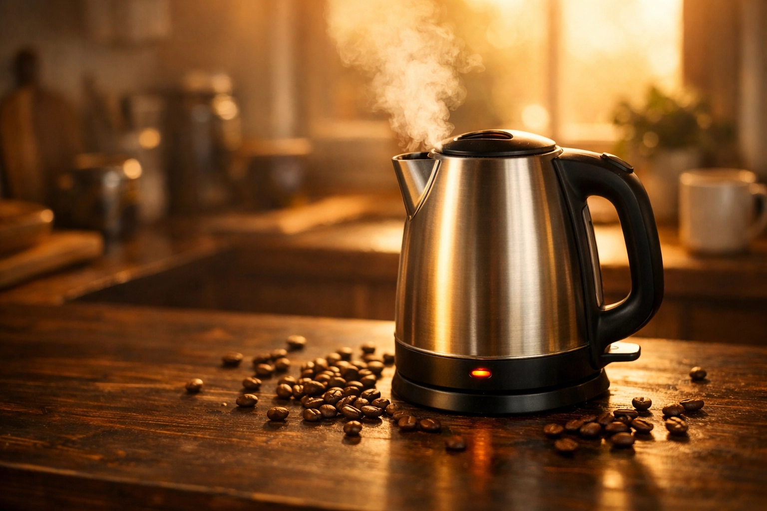 Electric kettle with steam on kitchen counter surrounded by coffee beans for morning brewing