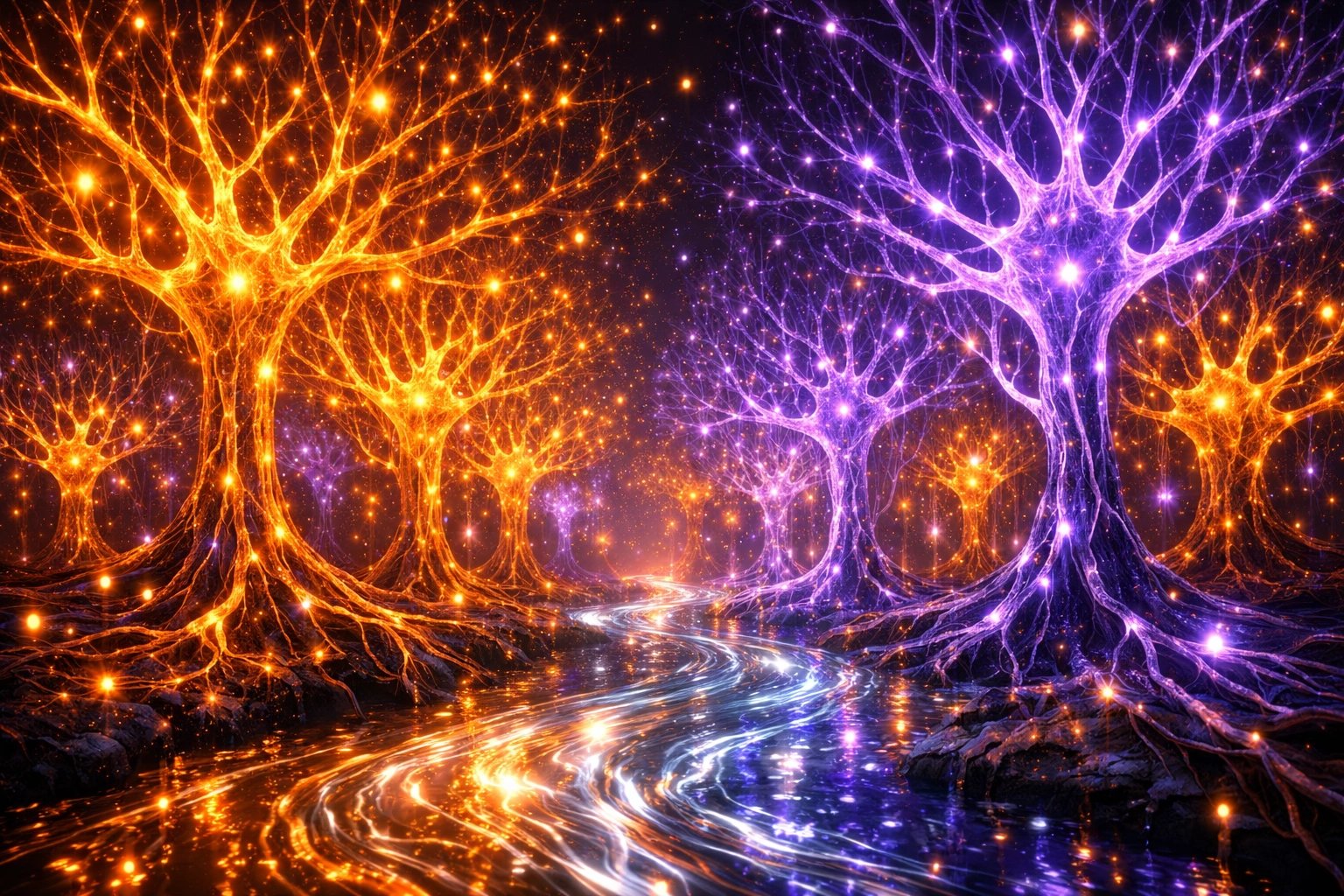 An illuminated neural forest representing the internal nervous system and a calm, peaceful brain state.
