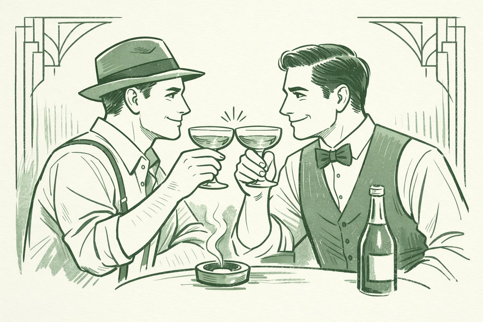 Two men toast champagne in 1920s gay speakeasy - LGBTQ+ historical resistance