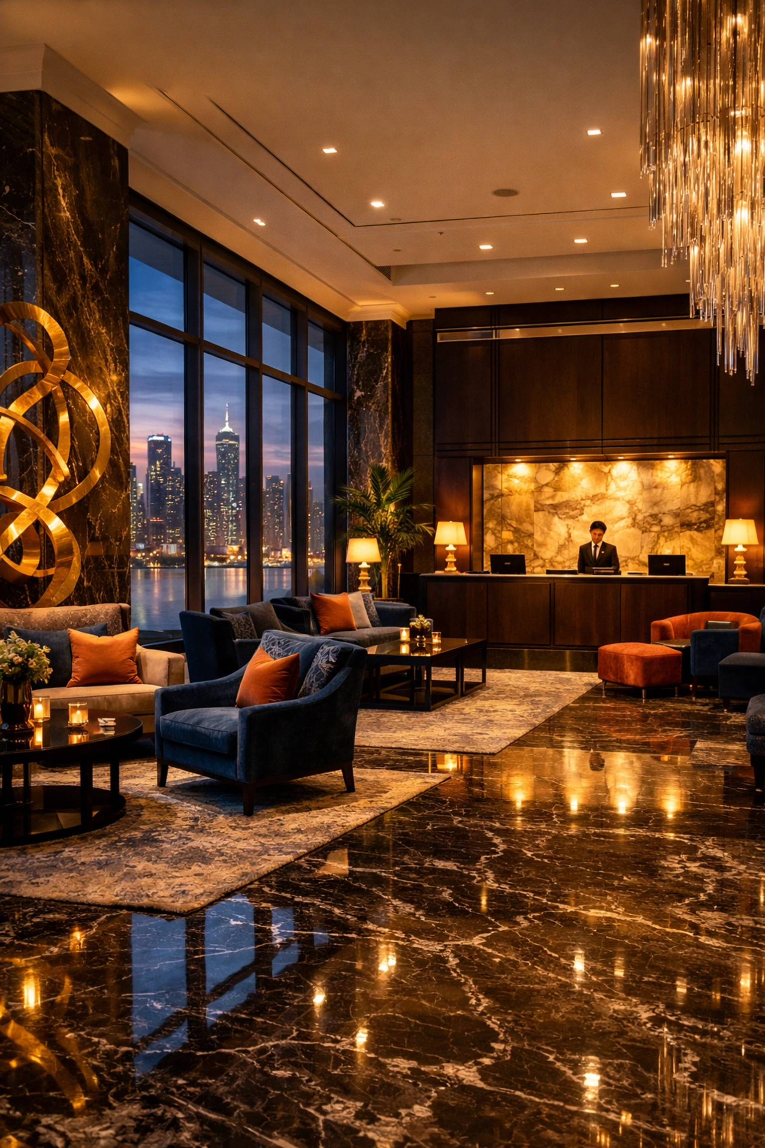 Sophisticated 5-star luxury hotel lobby providing a quiet retreat for corporate executive networking.