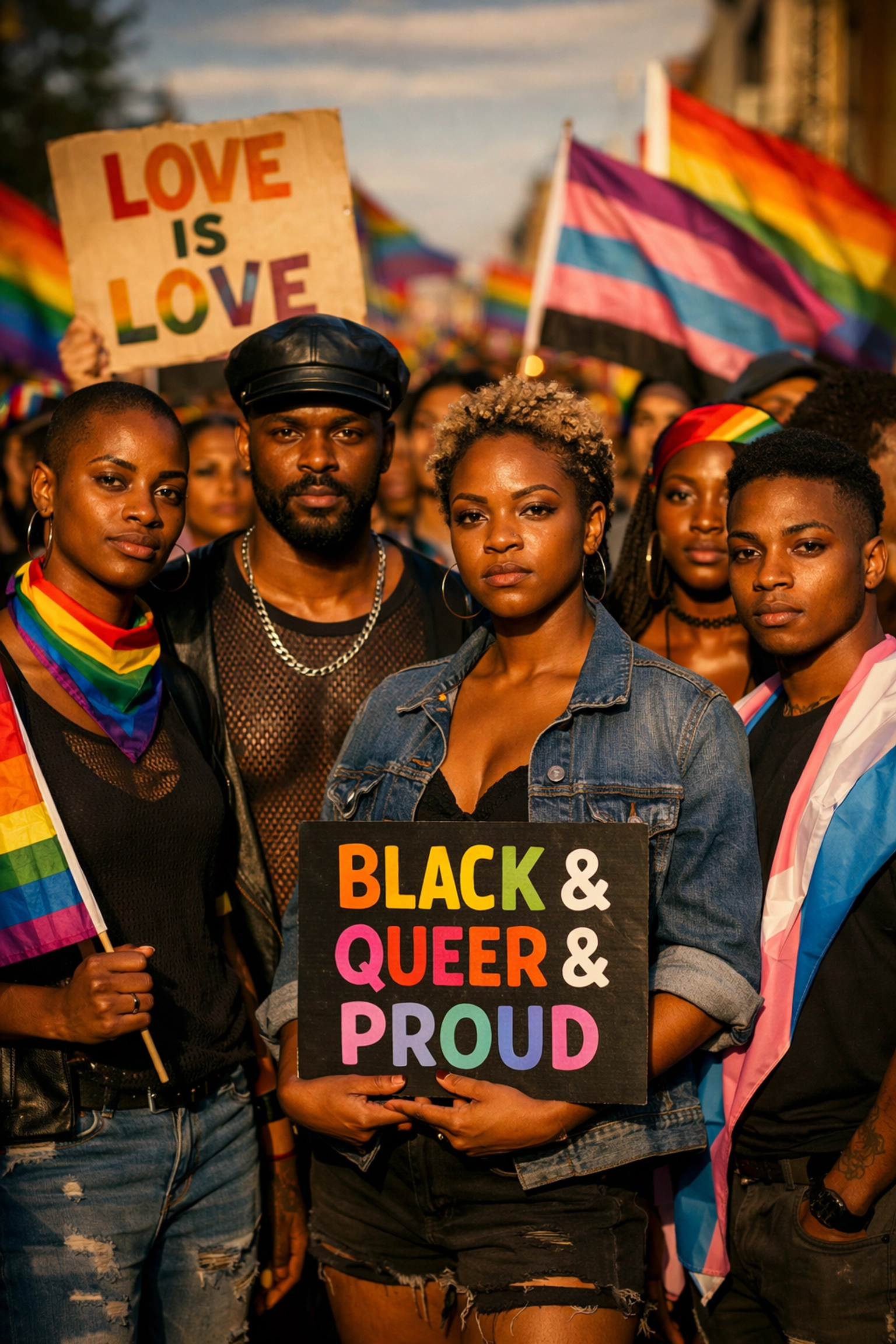 Black LGBTQ+ activists unite at Pride march holding rainbow flags in solidarity