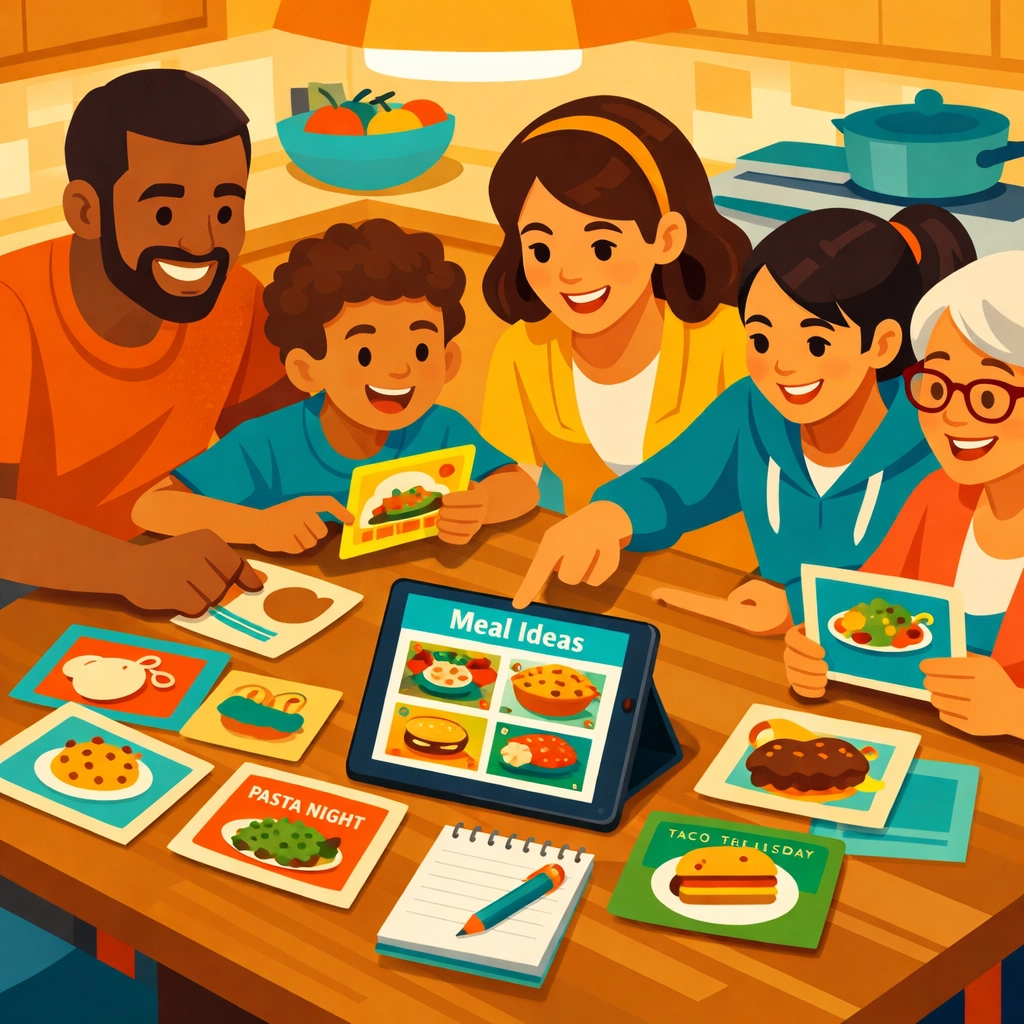 Family gathering around kitchen table planning healthy meals with recipe cards and tablet