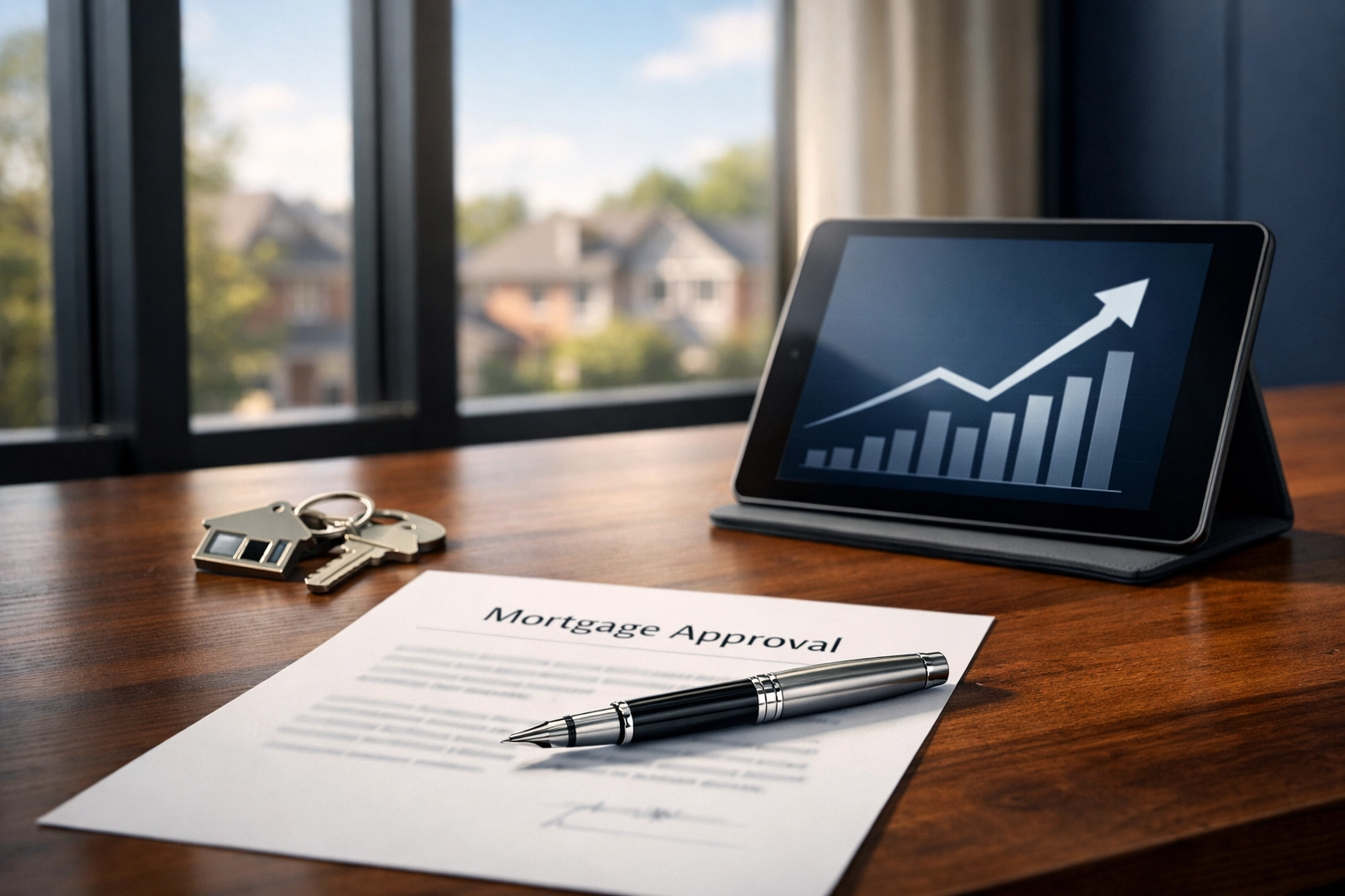 Mortgage approval documents and house keys on a desk symbolizing first-time home buyer financial strategy in Ontario.