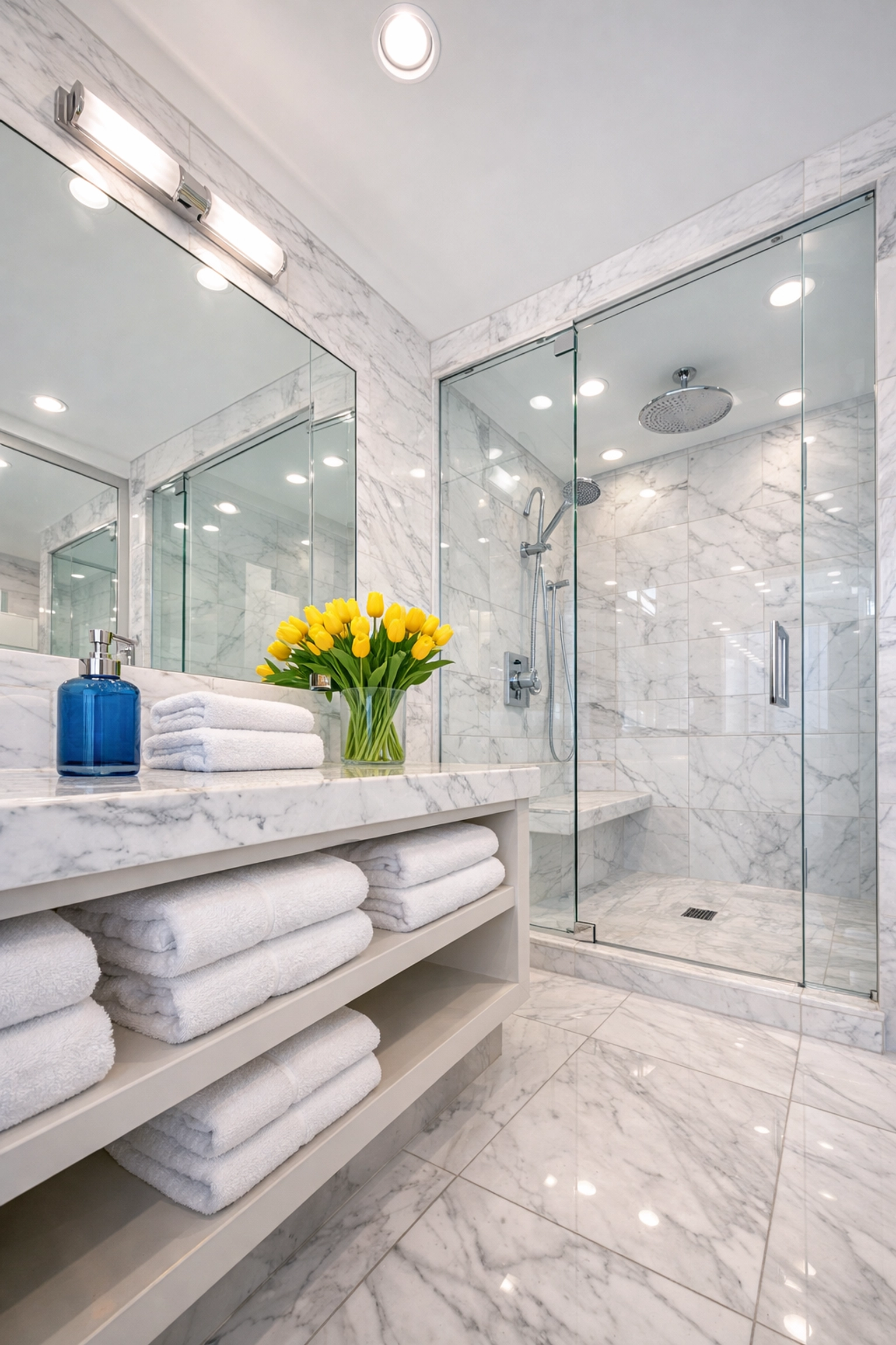 A sparkling clean marble bathroom after a professional weekly house cleaning Marlborough visit.