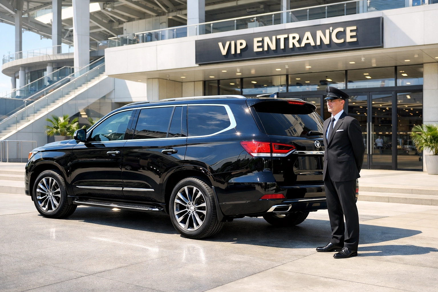 Executive SUV and chauffeur providing elite transportation for Super Bowl VIP executive logistics.