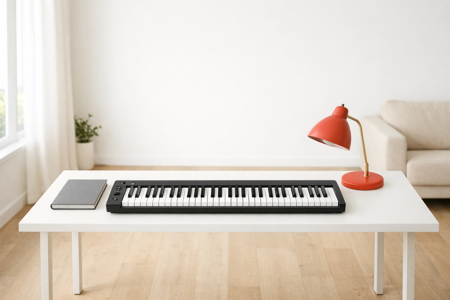 Modern home setup for keyboard lessons for beginners featuring a 61-key digital keyboard on a desk.