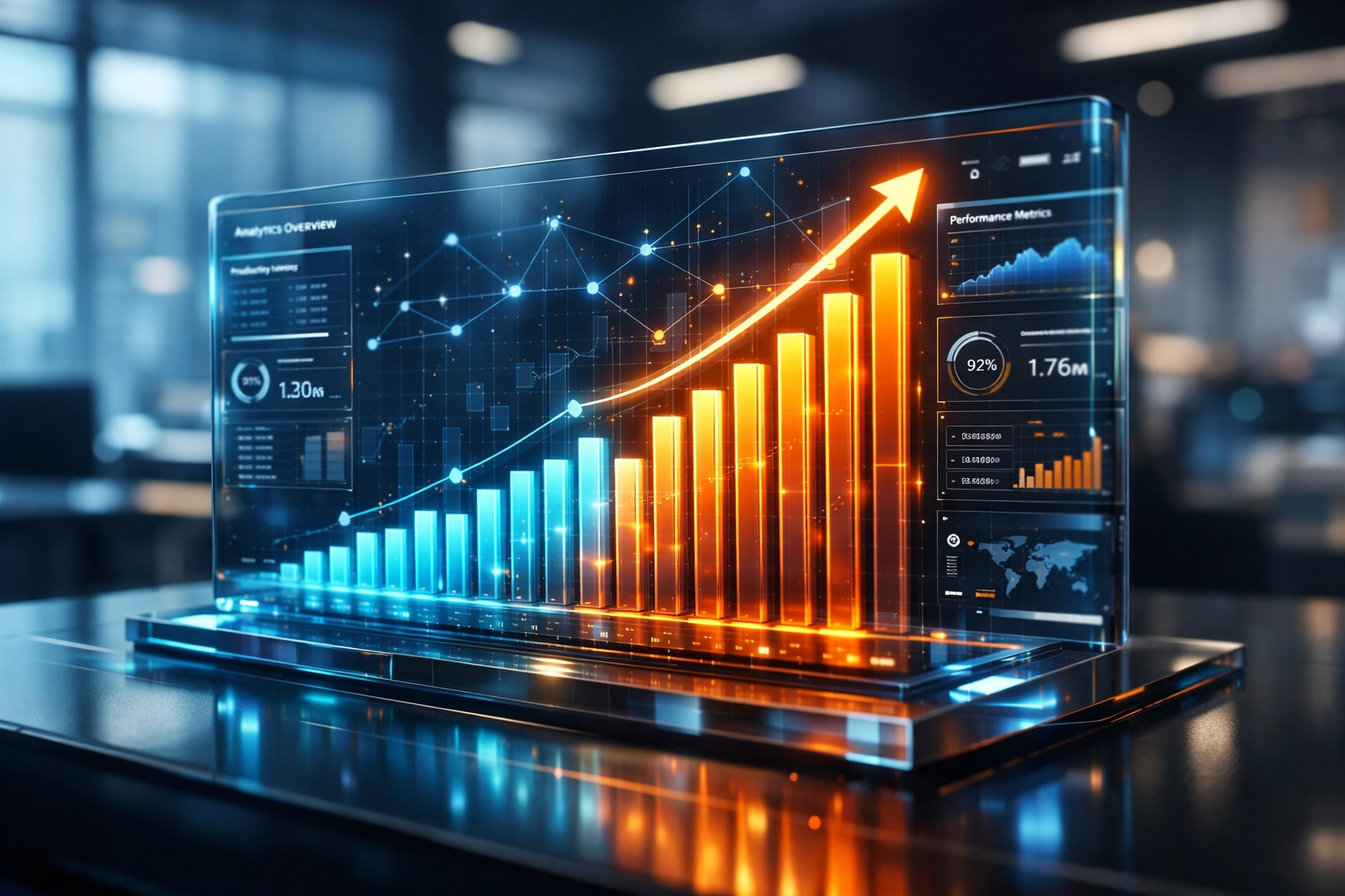 Digitales Dashboard zeigt steigenden Produktivitätsgewinn und ROI von KI-Trainings in einem modernen Büro.