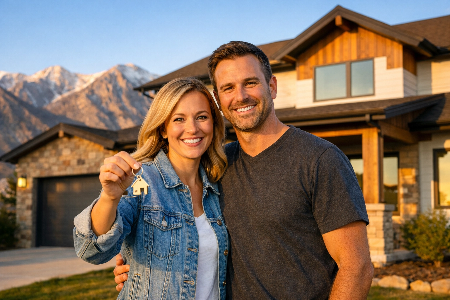 Happy couple holding house keys in front of their new Utah home