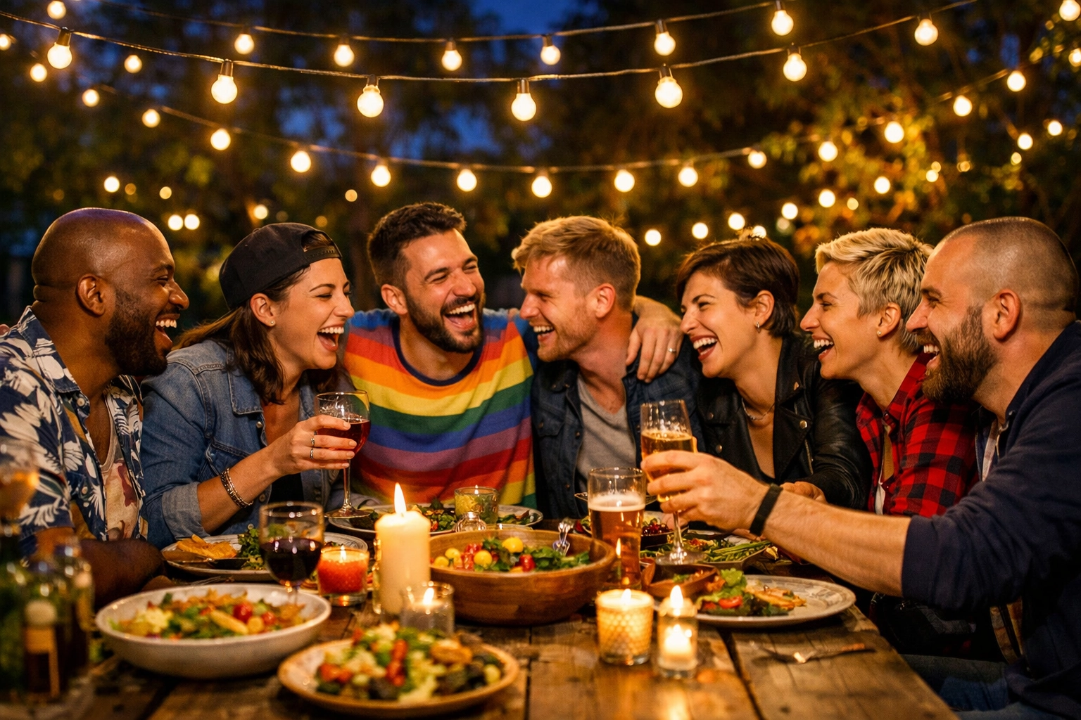 A diverse group of LGBTQ+ friends enjoying dinner together, celebrating joyful found family.