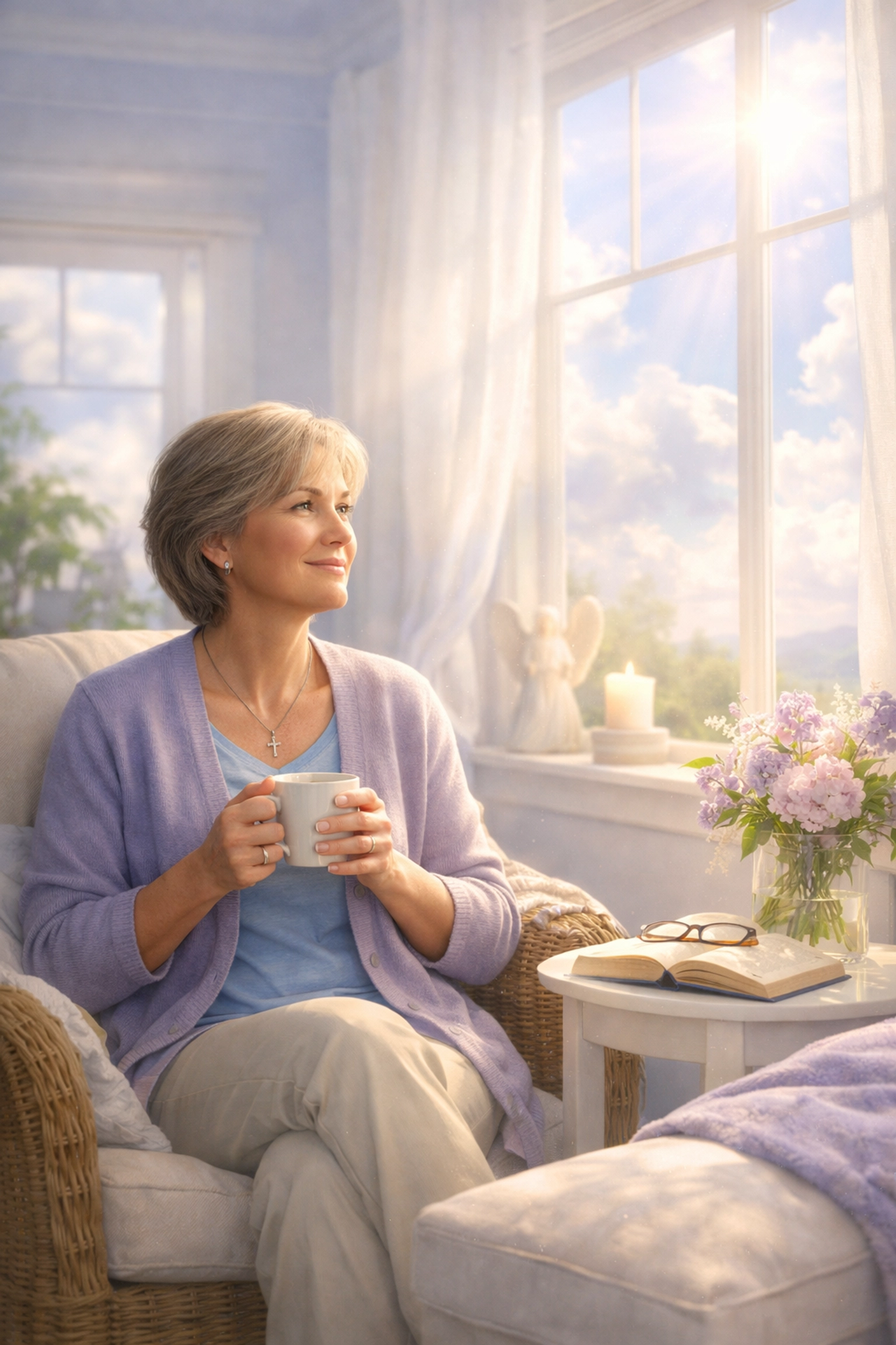 A woman resting peacefully in a sunlit room, experiencing the presence of the Holy Spirit through silent prayer.