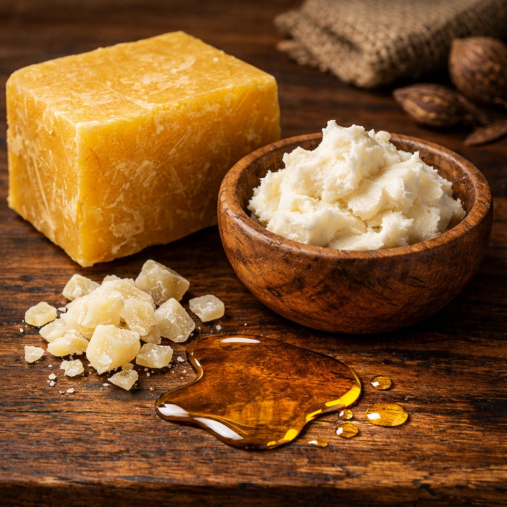 Premium natural ingredients for beard wax including raw beeswax, carnauba wax, and shea butter.