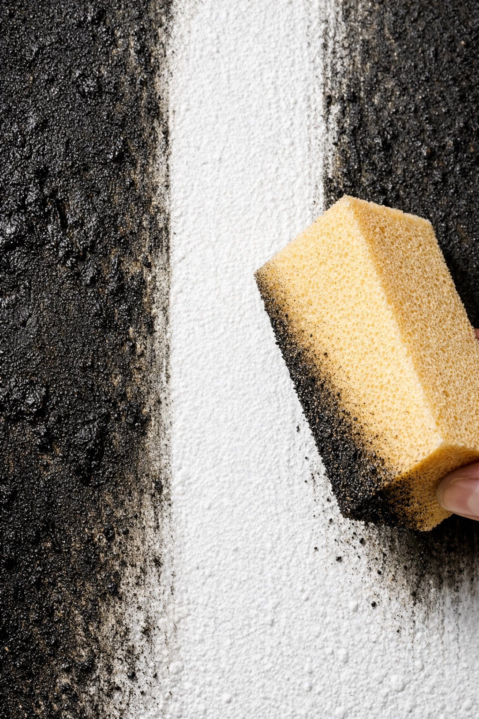 Professional dry chemical sponge removing black soot from a white wall after a fire.