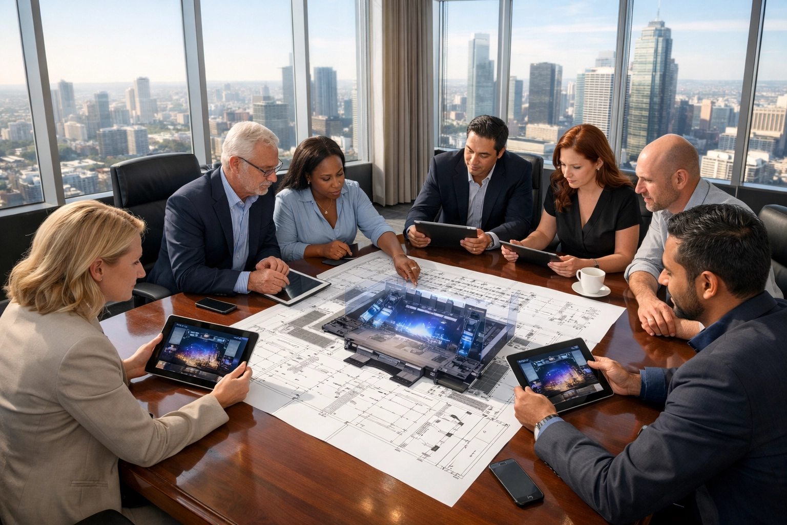 Professional event planners and venue managers collaborating on a strategic stage layout in a modern boardroom.