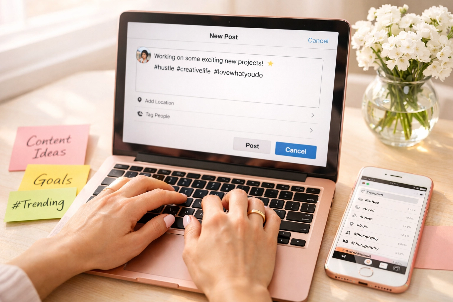 Writing social media captions with keyword research notes and Instagram search results