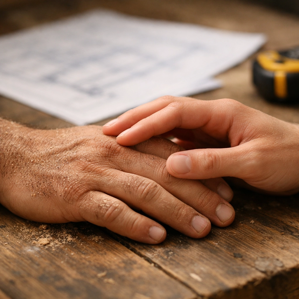 Intimate close-up of a handyman's calloused hand meeting his partner's over a workbench.