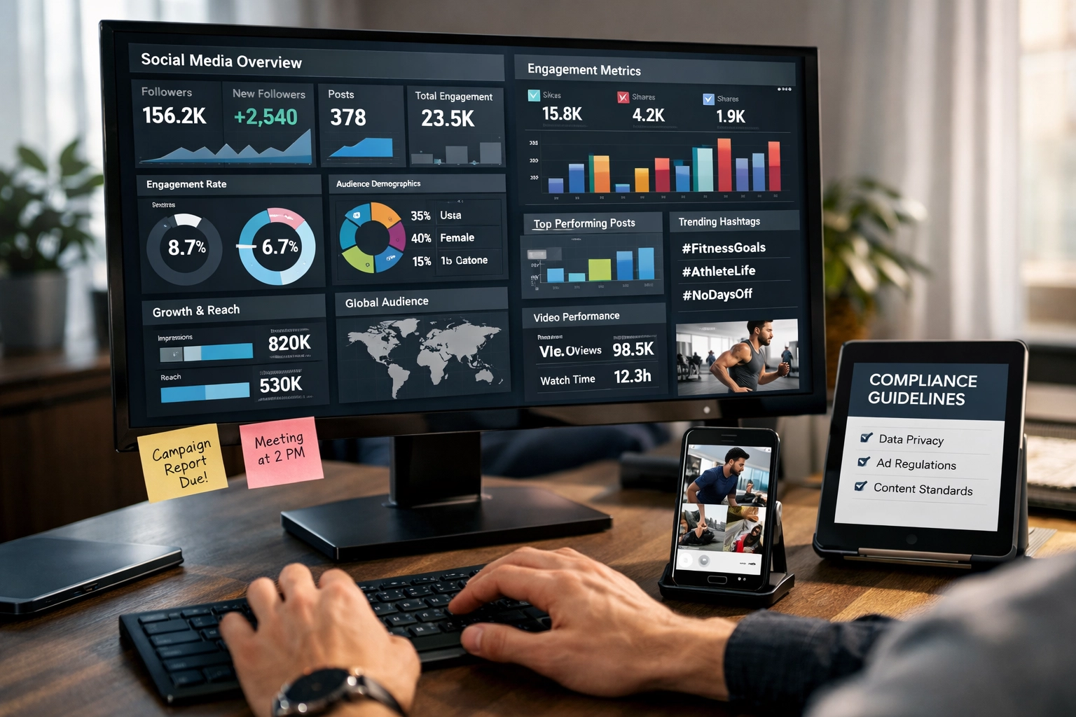 Marketing professional analyzing social media analytics and NIL compliance data on computer screen