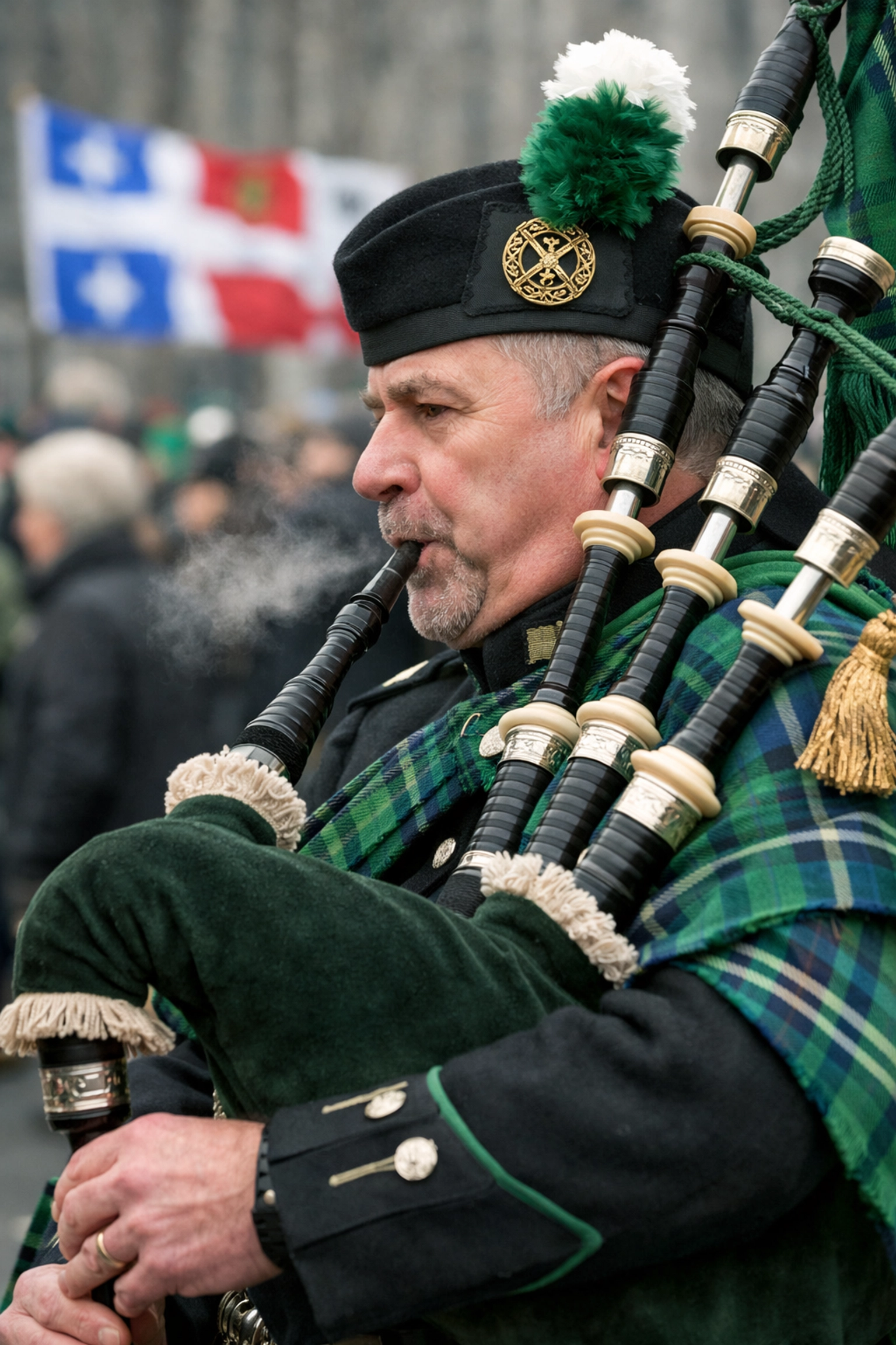 Close-up of a traditional Irish bagpiper in a kilt performing at the Montreal St. Patrick’s Day Parade.