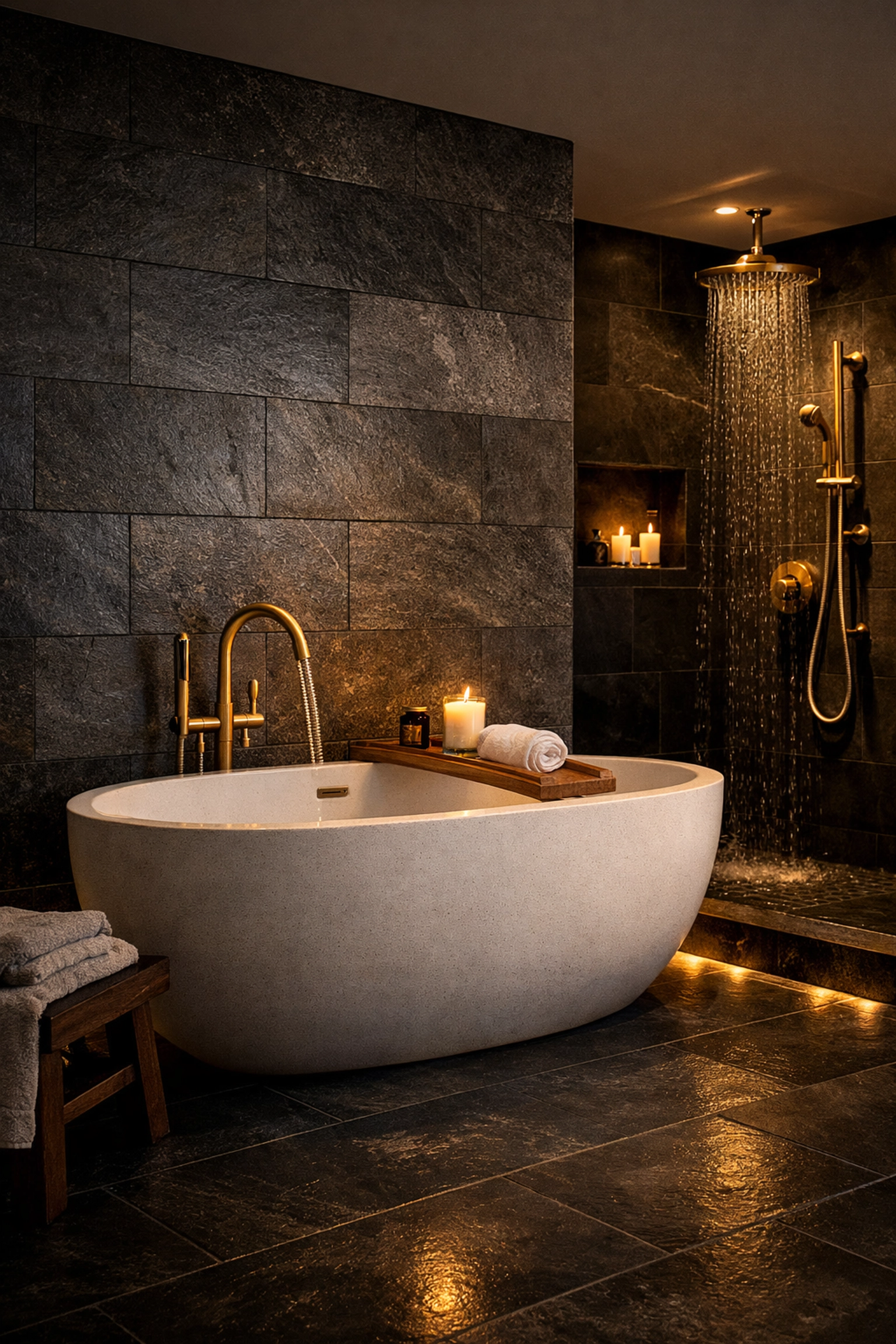 Luxury bathroom renovation in Chichester featuring a freestanding tub and modern slate tiling for high ROI.