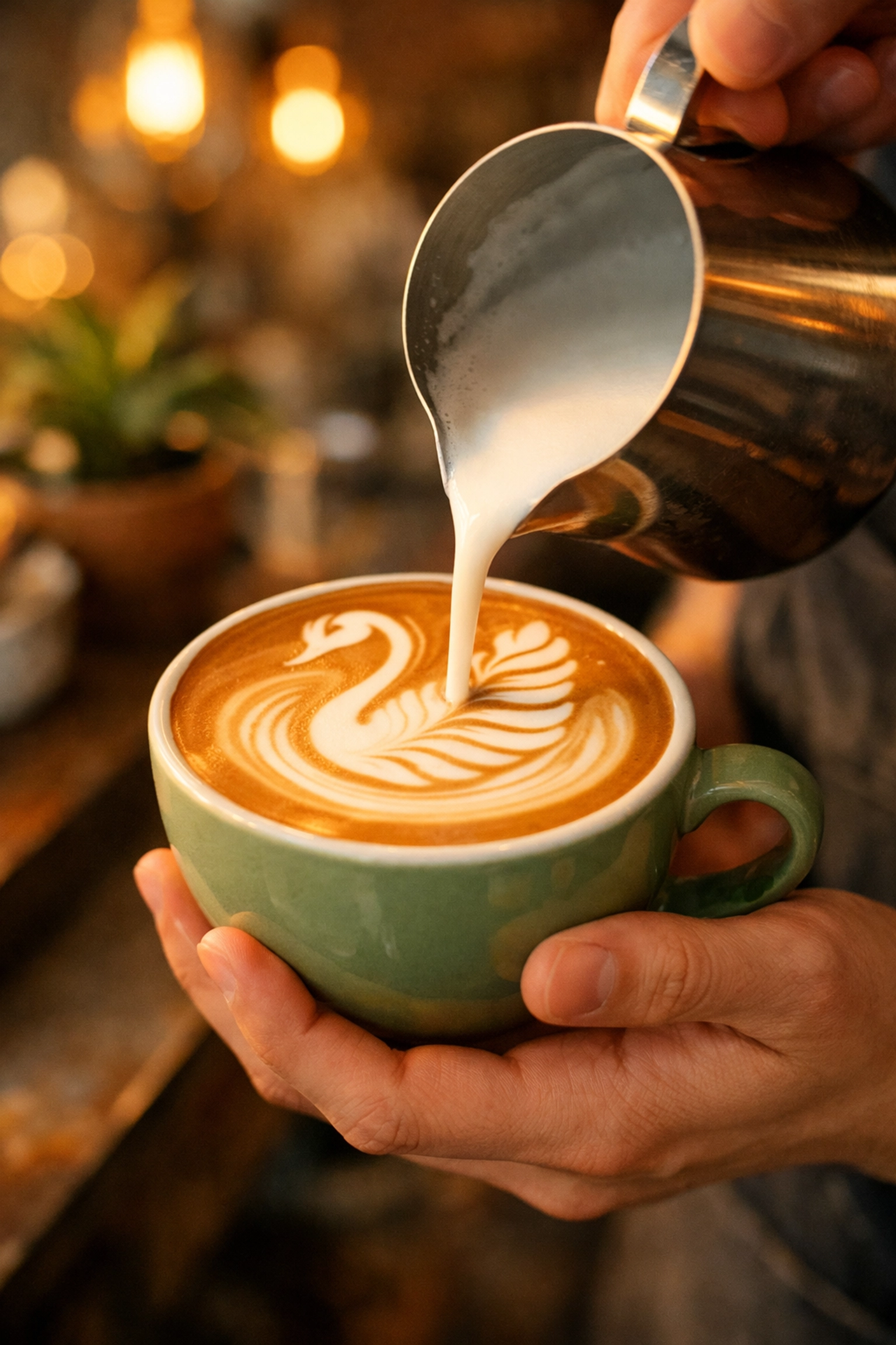 A skilled barista pouring intricate swan latte art in a warm speciality coffee shop setting.