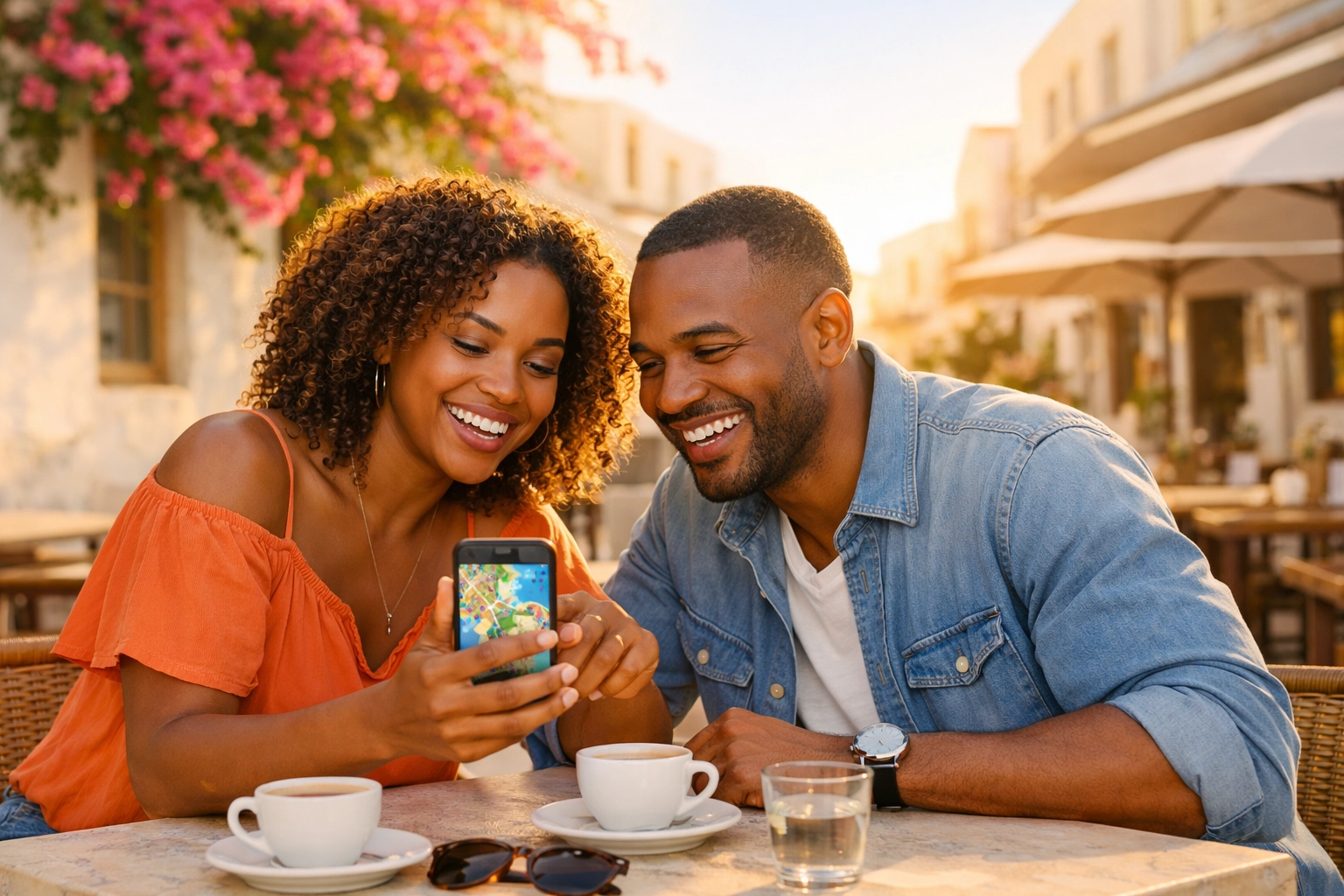 A happy couple reviewing their custom travel itinerary on a smartphone at a sunny Mediterranean cafe.