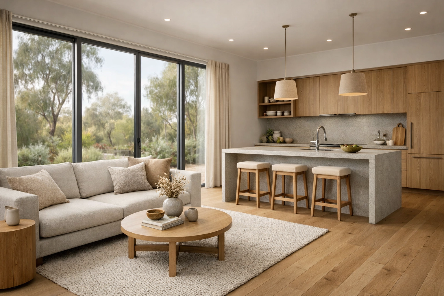 Modern modular home interior with open-plan living, high ceilings, and premium finishes in an Australian eco-home.